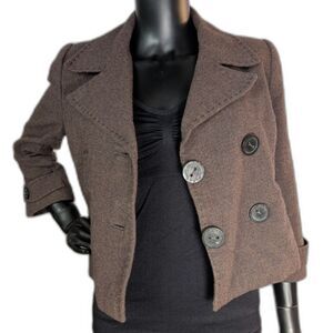 Saks Fifth Avenue Signature Cropped Wool Peacoat Brown Double Breasted Small
